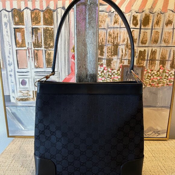 Gucci Monogram Leather & Canvas Bag in Black - Picture 2 of 13